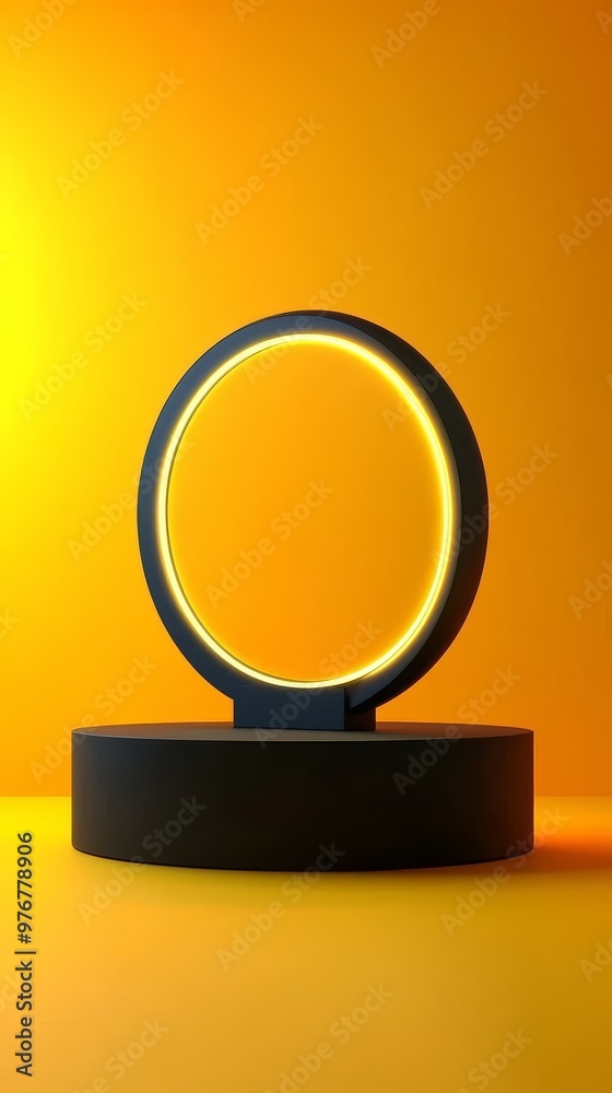 An abstract minimal background showcases an empty black podium with a glowing yellow ring, creating a vibrant space ideal for product display and modern presentations An abstract minimal background showcases an empty black podium with a glowing yellow ring, creating a vibrant space ideal for product display and modern presentations