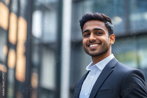 Closeup headshot outdoor portrait of young businessman standing office building. Successful smiling indian american man in casual business suit looking aside. Copy space