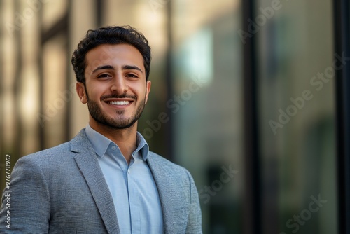 Closeup headshot outdoor portrait of young businessman standing office building. Successful smiling arabic man in casual business suit looking aside. Copy space