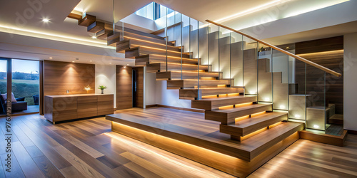 Sleek home interior with wooden stairs illuminated by LED lighting under each step, home, interior, sleek, wooden