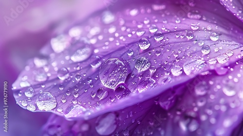 A close look at a violet petal drenched with tiny drops of water