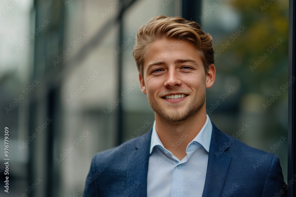 Closeup headshot outdoor portrait of young businessman standing office building. Successful smiling german man in casual business suit looking aside. Copy space Closeup headshot outdoor portrait of young businessman standing office building. Successful smiling german man in casual business suit looking aside. Copy space