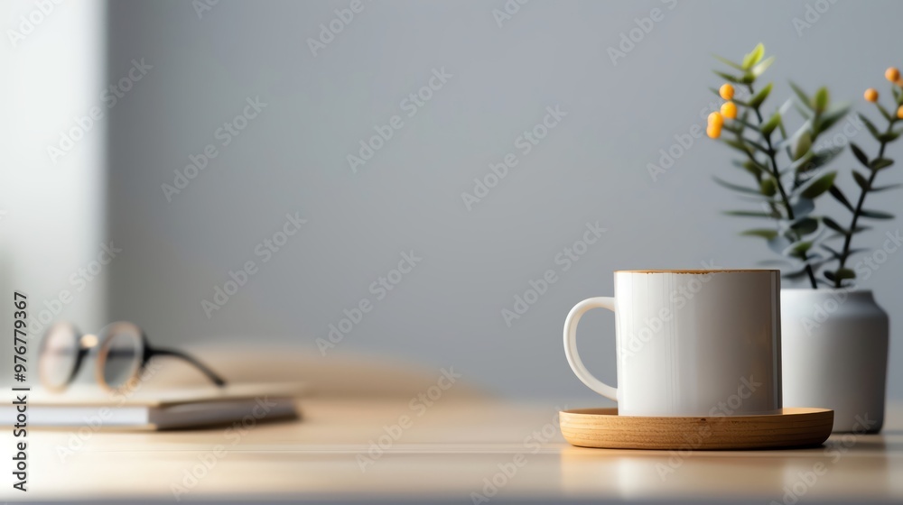 A serene workspace featuring a coffee mug, greenery, and stylish decor for a calming atmosphere. A serene workspace featuring a coffee mug, greenery, and stylish decor for a calming atmosphere.