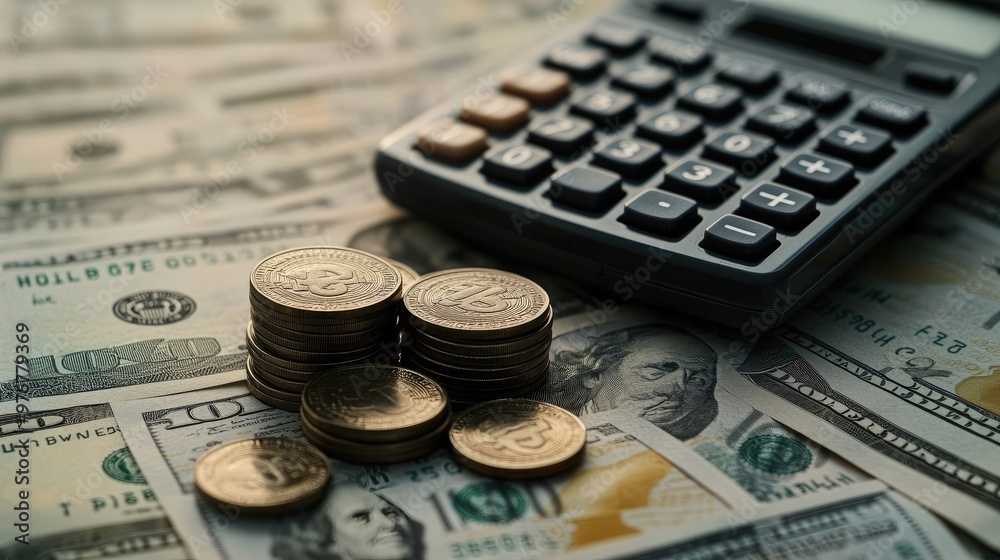 Close-Up of Calculator, Dollar Bills, and Coin Stack, Capturing Financial Growth and Economic Analysis Close-Up of Calculator, Dollar Bills, and Coin Stack, Capturing Financial Growth and Economic Analysis