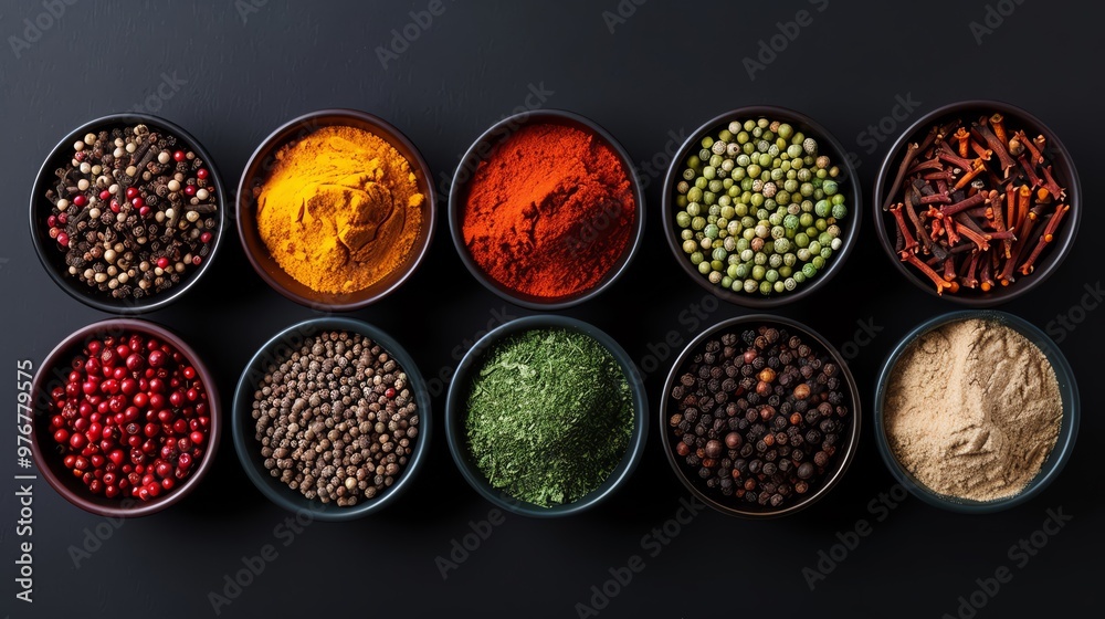 A vibrant arrangement of various spices in bowls on a dark surface, showcasing rich colors and textures for culinary inspiration. A vibrant arrangement of various spices in bowls on a dark surface, showcasing rich colors and textures for culinary inspiration.