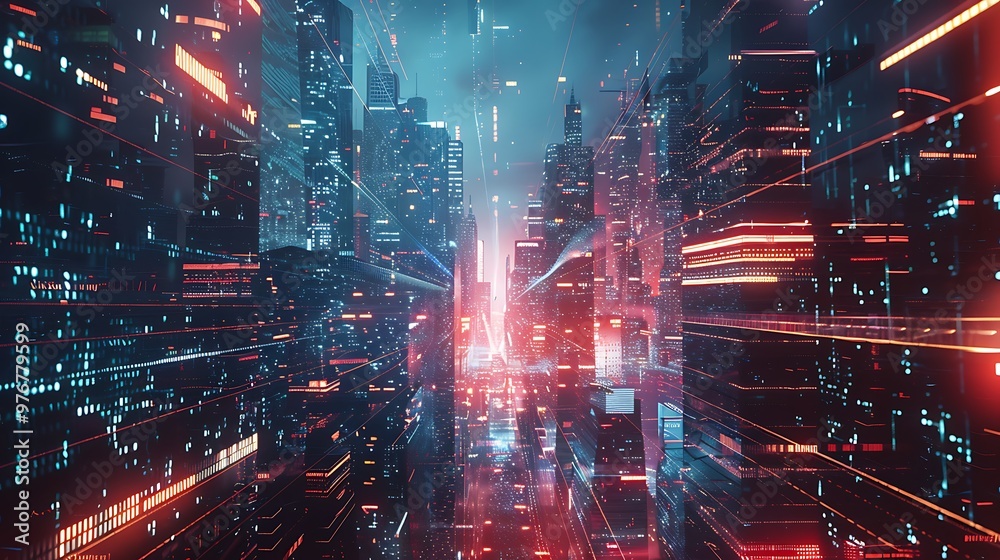 Artistic rendering of a futuristic city with glowing neon lights ...