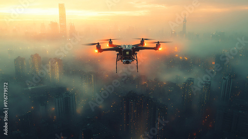 drone flying over foggy cityscape at sunset - futuristic urban drone photography