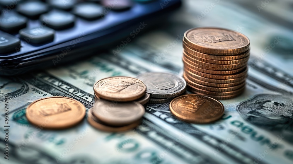 Close-Up of Calculator, Dollar Bills, and Coin Stack, Capturing Financial Growth and Economic Analysis Close-Up of Calculator, Dollar Bills, and Coin Stack, Capturing Financial Growth and Economic Analysis