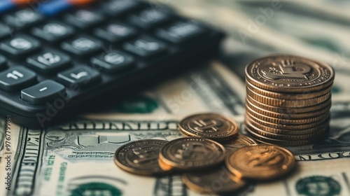 Close-Up of Calculator, Dollar Bills, and Coin Stack, Capturing Financial Growth and Economic Analysis