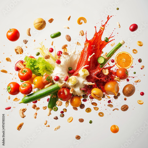 Exploding Vegetables and Fruits with Splashes of Juice and Milk