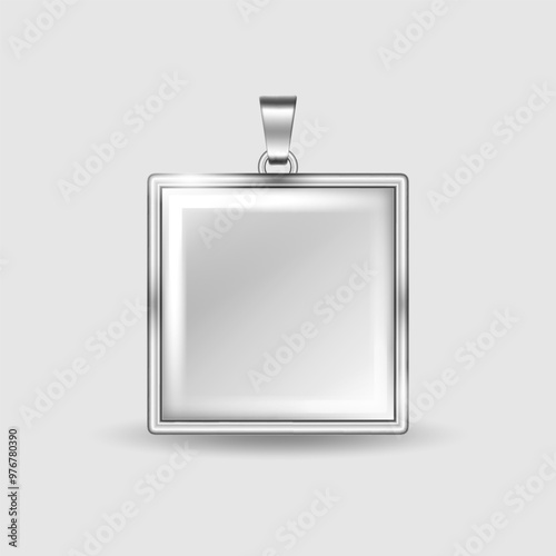 Silver square locket pendant with clear glass dome mockup. Gray silver square necklace resin pendant. Silver grey glass square ornament. Realistic illustration.
