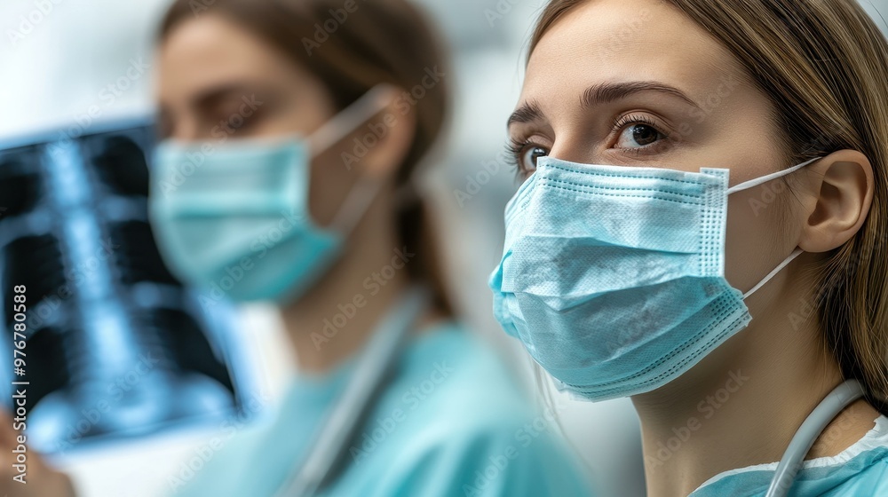 Two medical pros in scrubs analyze Xrays, showcasing focus and teamwork in a bright, clinical hospital setting. Two medical pros in scrubs analyze Xrays, showcasing focus and teamwork in a bright, clinical hospital setting.