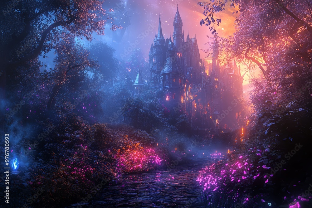 A captivating fantasy castle nestled in a lush A captivating fantasy castle nestled in a lush