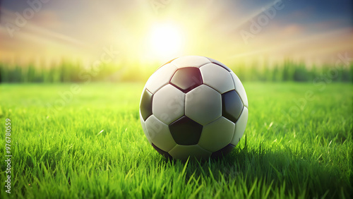 Soccer ball on a lush green grassy field , sport, soccer, football, outdoor, recreation, game, athletic, competition, equipment, round