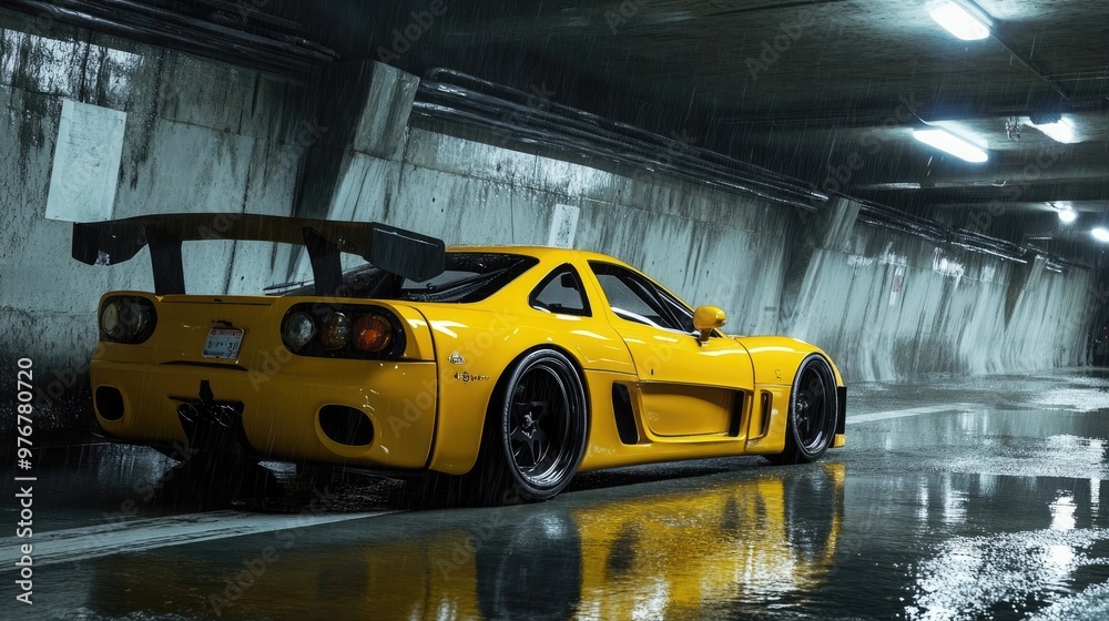Yellow Sports Car in Industrial Underground Garage, Capturing Elegance and Power Yellow Sports Car in Industrial Underground Garage, Capturing Elegance and Power