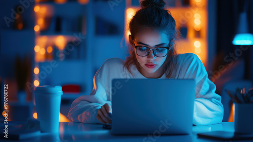 A dedicated businesswoman works late into the night, focused on her laptop in a cozy, welllit home office space.