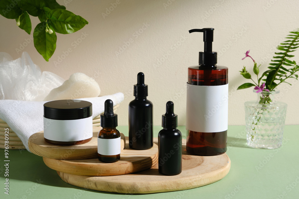 The collection of amber glass bottles, arranged in a row, with white labels and black caps, along with a white bath sponge and hairbrush, perfect for branding and promoting beauty products, The collection of amber glass bottles, arranged in a row, with white labels and black caps, along with a white bath sponge and hairbrush, perfect for branding and promoting beauty products,