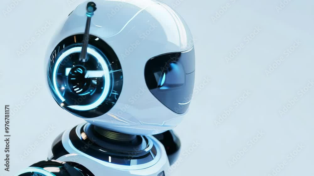 A sleek, futuristic robot with a glossy white finish and glowing blue eyes stands in a minimalistic setting. A sleek, futuristic robot with a glossy white finish and glowing blue eyes stands in a minimalistic setting.