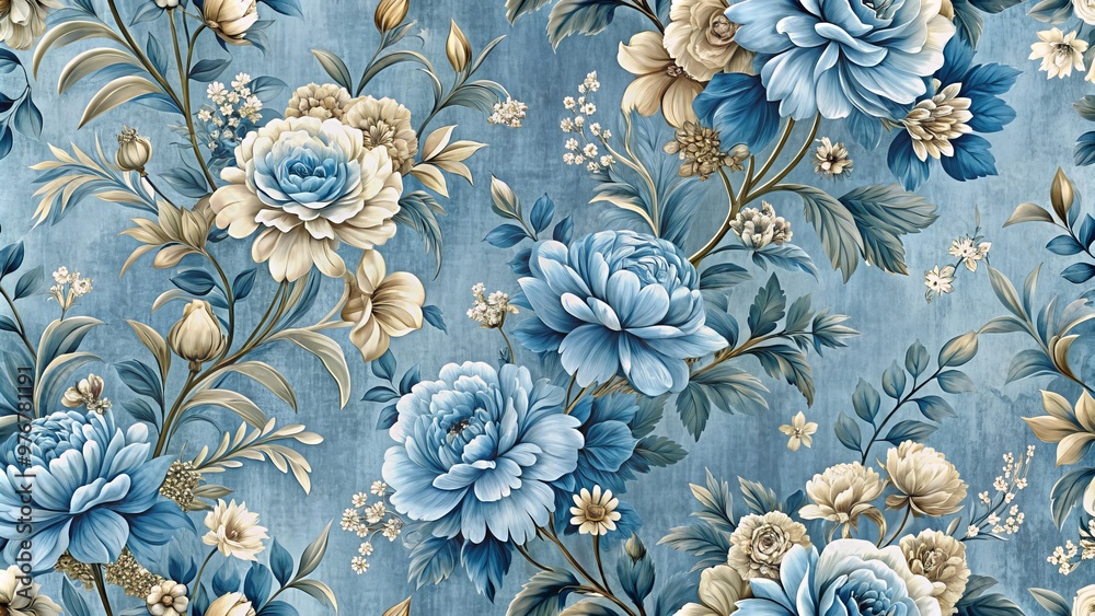 A classic blend of blue flowers and intricate designs is elevated by the addition of soft, shimmering metallic A classic blend of blue flowers and intricate designs is elevated by the addition of soft, shimmering metallic