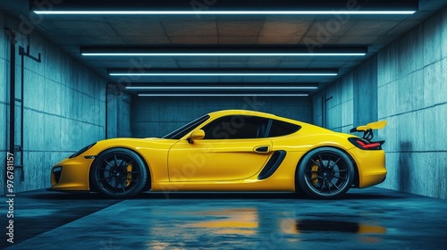 Yellow Sports Car in Industrial Underground Garage, Capturing Elegance and Power