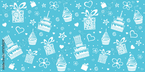 Happy birthday. Seamless wrapping paper. Menu design. Template for a baking shop, cafe. Seamless pattern with cupcakes. Delicious birthday party cupcakes with fruits whipped cream. Vector Illustration