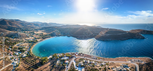 Fototapeta Naklejka Na Ścianę i Meble -  Panoramic aerial view of the landscape of Kea island with Otzias Bay and beach, Cyclades, Greece