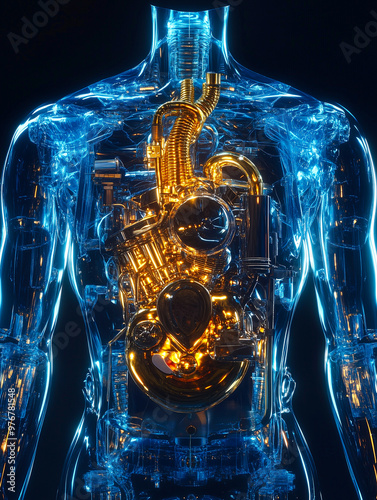 X-ray image of a human with an engine inside.