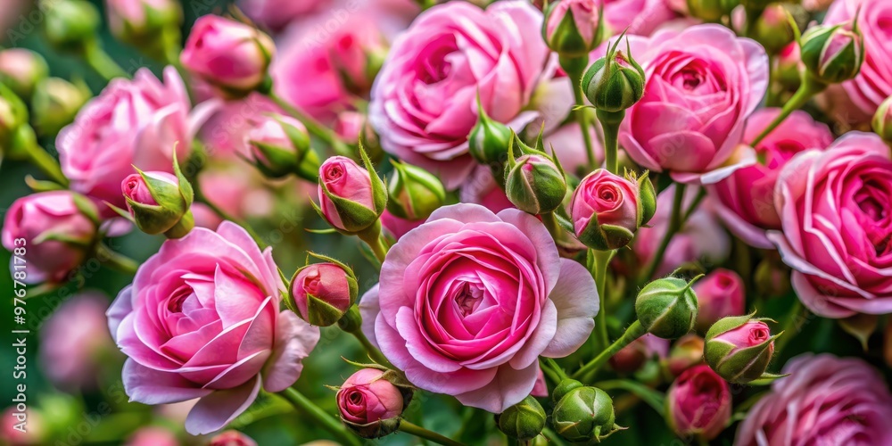 A delicate cluster of pink rose flower buds displays its beauty, with buds varying in stages of bloom, A delicate cluster of pink rose flower buds displays its beauty, with buds varying in stages of bloom,