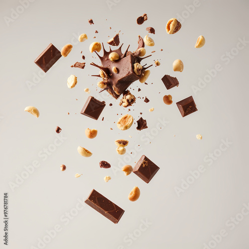 Chocolate and Nuts Explosion with Flying Pieces on a White Background