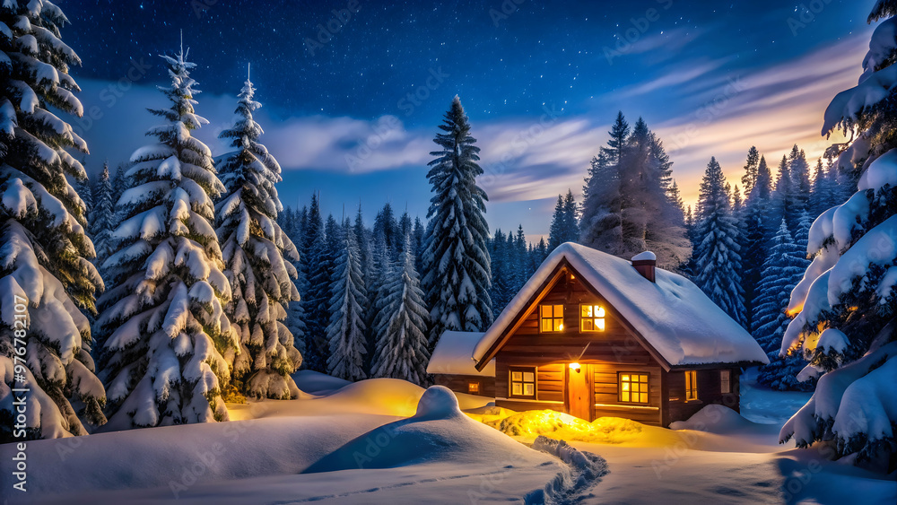 Fototapeta premium Snow-covered house surrounded by a winter forest at night , snow, forest, house, winter, seasonal, night, cold, cozy, snowfall