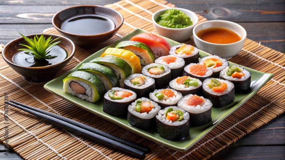 A duo of platters showcases nine pieces of saki maki sushi, paired with two dipping sauce bowls for A duo of platters showcases nine pieces of saki maki sushi, paired with two dipping sauce bowls for