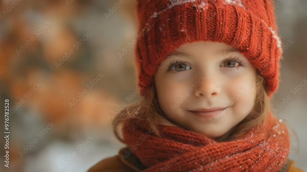 Adorable Young Girl in Red Winter Hat and Scarf Smiling in Light Snowfall, Capturing the Joy and Innocence of the Winter Season Adorable Young Girl in Red Winter Hat and Scarf Smiling in Light Snowfall, Capturing the Joy and Innocence of the Winter Season