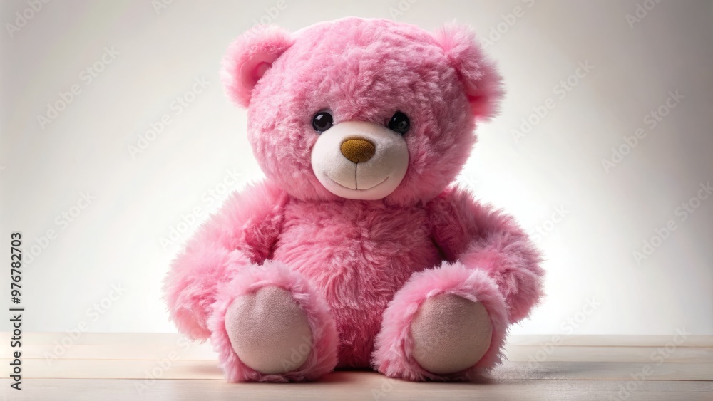 A fluffy pink bear stands on its haunches, its curious expression sparkling with bright, shining eyes that hint