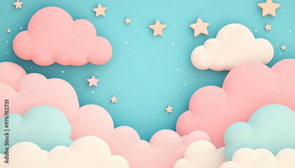 Charming pastel sky with cartoon stars and clouds, ample blank space, perfect for whimsical messages