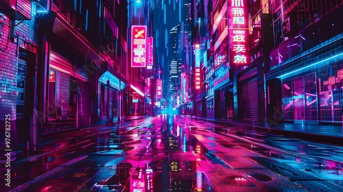 Obraz na płótnie Digital illustration of a futuristic cityscape at night with neon signs and glowing lights. The wet street reflects the colorful lights. w salonie