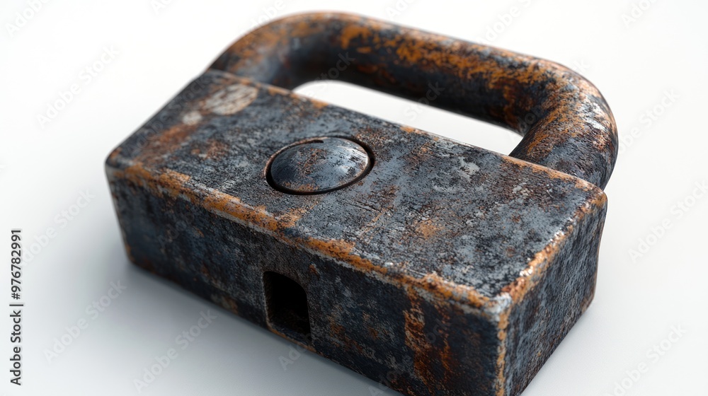 A rusty padlock resting on a white surface. A rusty padlock resting on a white surface.