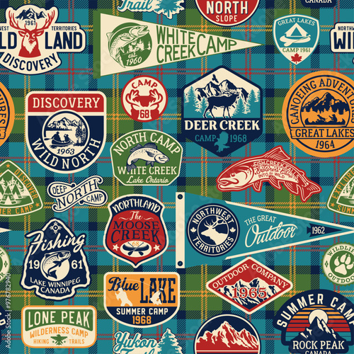 Vintage outdoor adventure label patches with tartan plaid patchwork background abstract vector seamless pattern for shirt fabric wrapping carpet rug pillow tablecloth