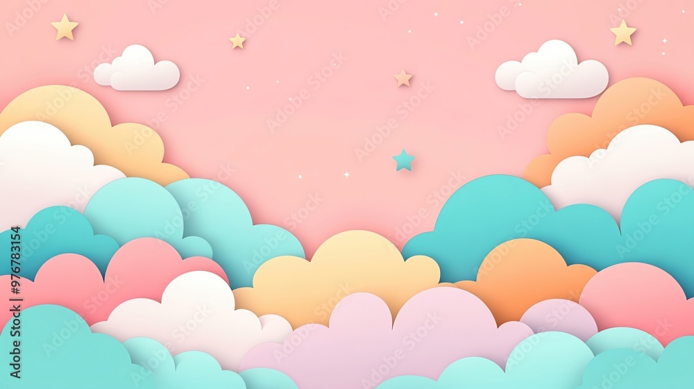Playful pastel background with cartoon clouds and stars, large empty area, ideal for children s themes Playful pastel background with cartoon clouds and stars, large empty area, ideal for children s themes