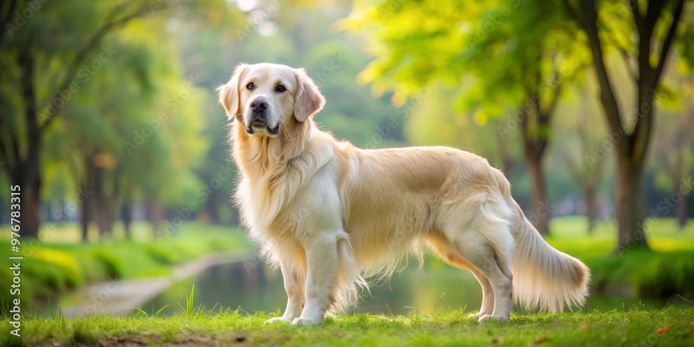 A golden-furred British cream-colored retriever remains vigilant, its eyes scanning the park landscape with unwavering A golden-furred British cream-colored retriever remains vigilant, its eyes scanning the park landscape with unwavering