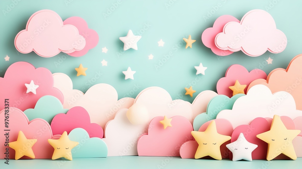 Sweet pastel scene with cartoon clouds and stars, plenty of copy space, ideal for baby shower designs Sweet pastel scene with cartoon clouds and stars, plenty of copy space, ideal for baby shower designs