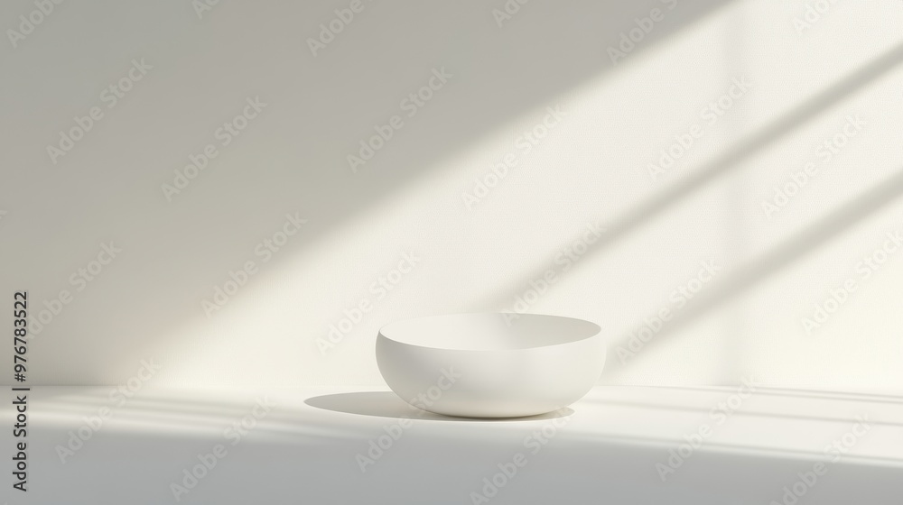 A white bowl sits on a white table in a room with a window A white bowl sits on a white table in a room with a window