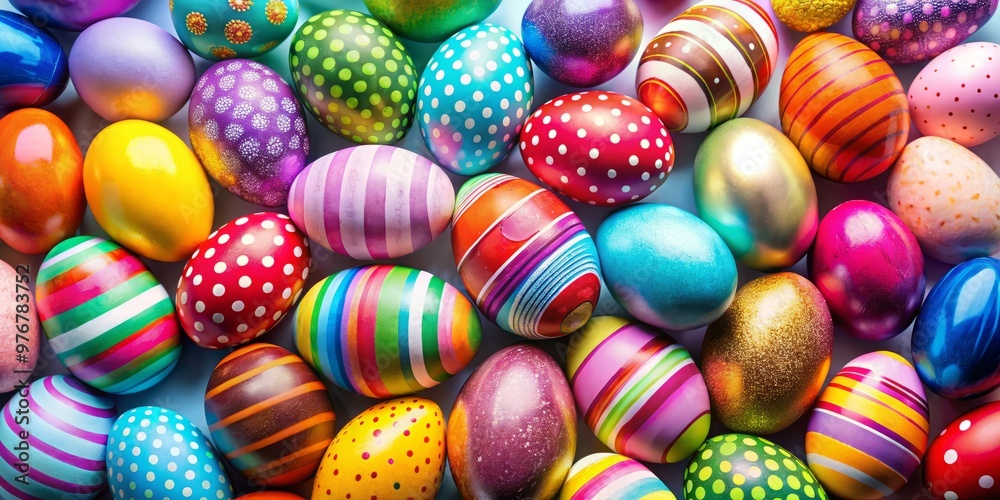 Fototapeta premium A kaleidoscope of large Easter eggs bursts with radiant colors, featuring soft pastels and gentle hues in a