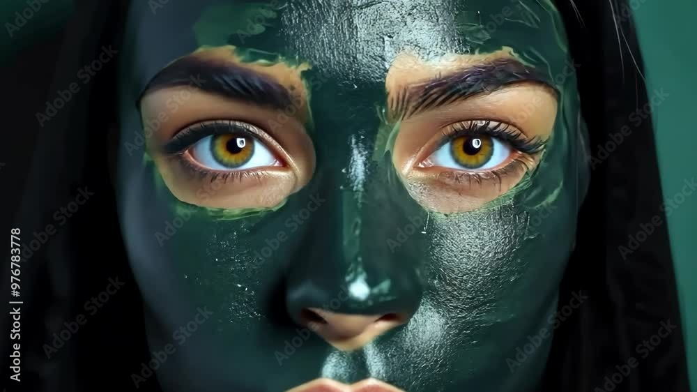 Striking image of woman with green makeup and black mask, showcasing beauty and mystery. Striking image of woman with green makeup and black mask, showcasing beauty and mystery.