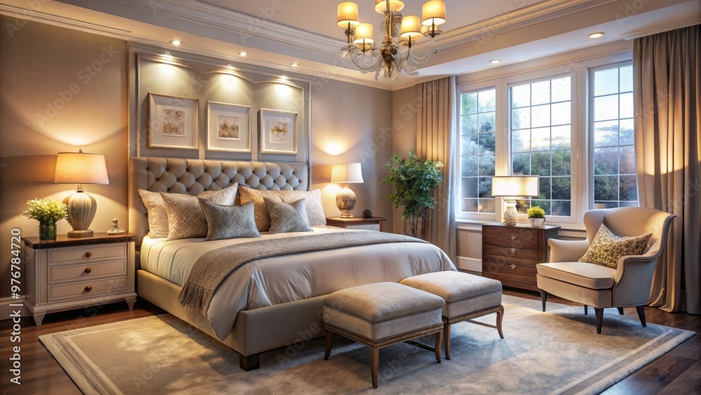 A peaceful retreat unfolds with soft lighting casting a warm glow, plush bedding enveloping the senses, and elegant A peaceful retreat unfolds with soft lighting casting a warm glow, plush bedding enveloping the senses, and elegant
