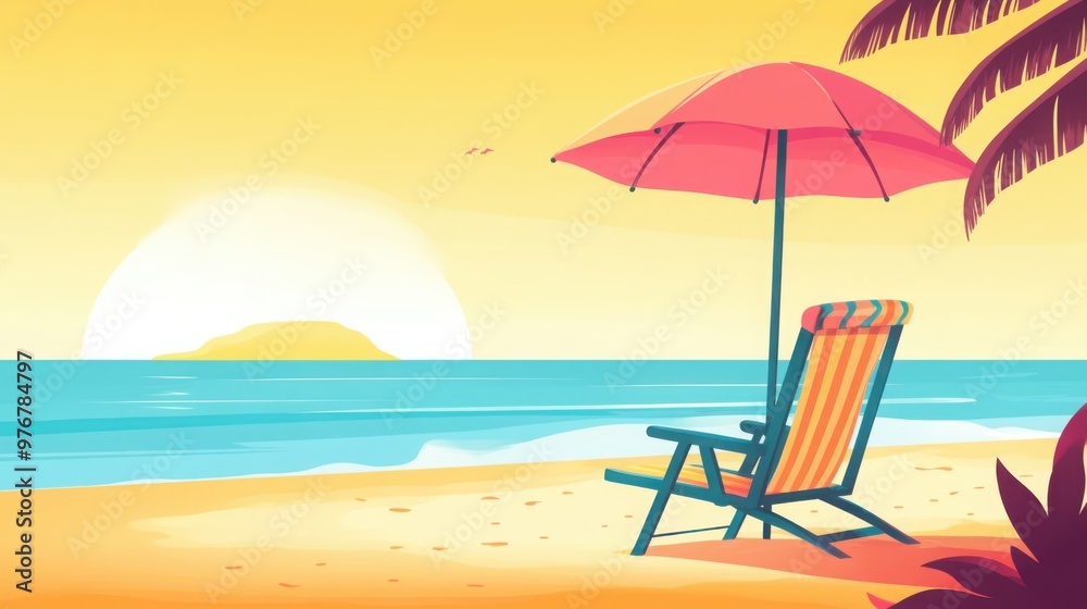 Colorful beach party setting with a vibrant umbrella and lounge chair under swaying palm trees by the ocean on a sunny summer day Colorful beach party setting with a vibrant umbrella and lounge chair under swaying palm trees by the ocean on a sunny summer day