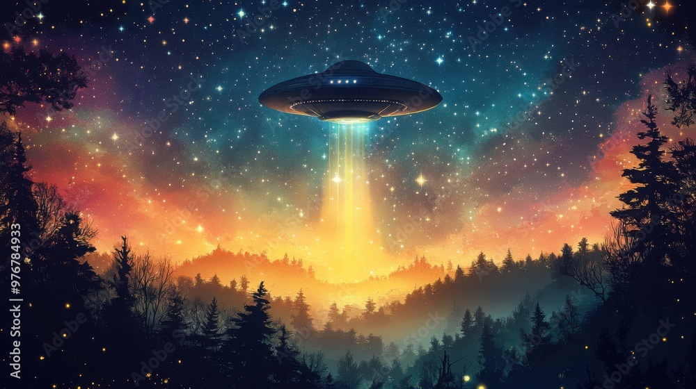 A colorful spaceship floats above lush green hills and trees, surrounded by a mesmerizing sky of swirling rainbows and twinkling stars, creating a dreamlike atmosphere.