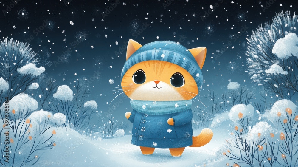 Fototapeta premium A cute cat in a cozy blue winter outfit stands joyfully in a snowy forest under a twinkling starry sky during a serene winter night drawing
