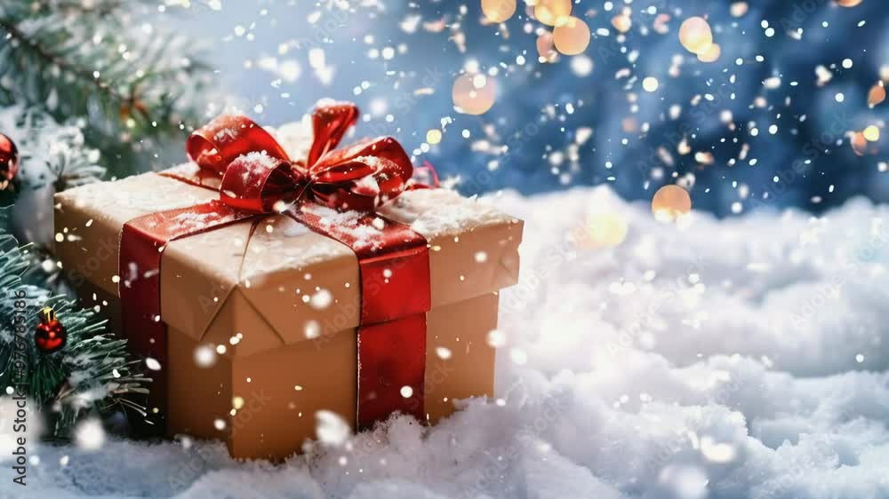 christmas background with gift box with snow christmas background with gift box with snow