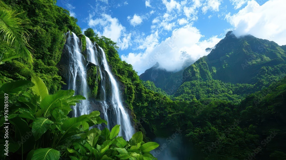 Fototapeta premium Epic view of a waterfall with multiple cascades, framed by towering cliffs and dense vegetation, with mist rising into the air