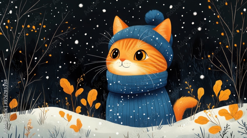 Fototapeta premium A charming cat, dressed in a blue winter outfit, enjoys the peaceful snowy forest surrounded by gentle falling snowflakes beneath a sparkling starry sky.